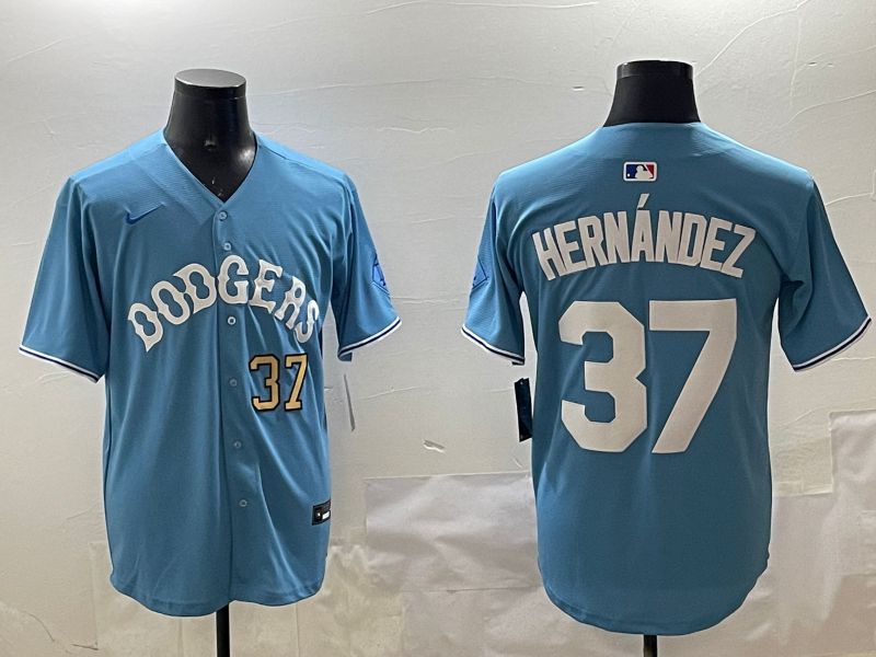 Men Los Angeles Dodgers #37 Hernandez Light Blue Joint Name 2025 Nike MLB Jersey style 22